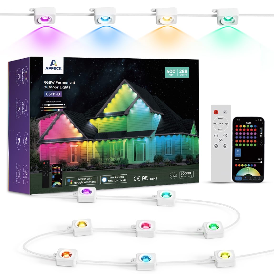 APPECK Permanent Outdoor Lights 400ft with 288 LED Lights, 144W